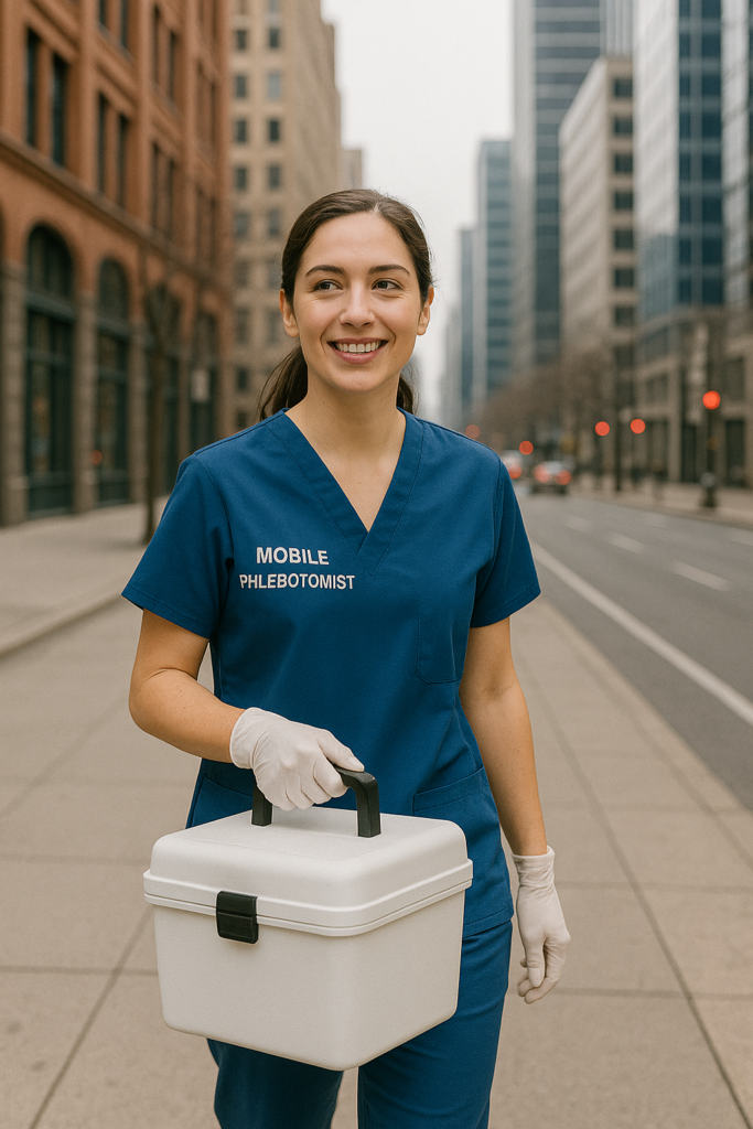 Indiana a phlebotomist in scrubs holding a biohazard box and specimen