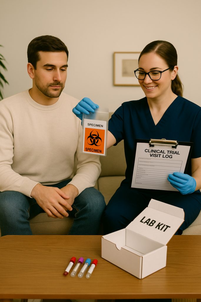 A healthcare professional in scrubs assisting a clinical trial participant with at-home blood sample collection, holding a specimen bag and trial visit log clipboard next to a lab kit box on a coffee table.