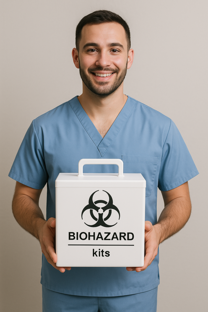 A phlebotomist in scrubs holding a biohazard box