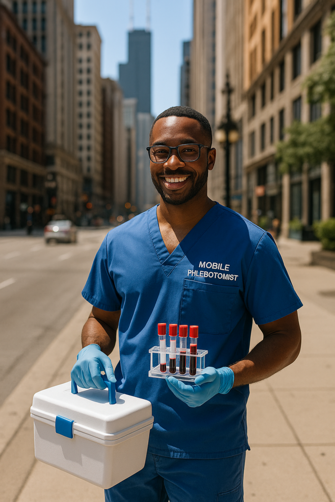 Arizona, a phlebotomist in scrubs holding a biohazard box