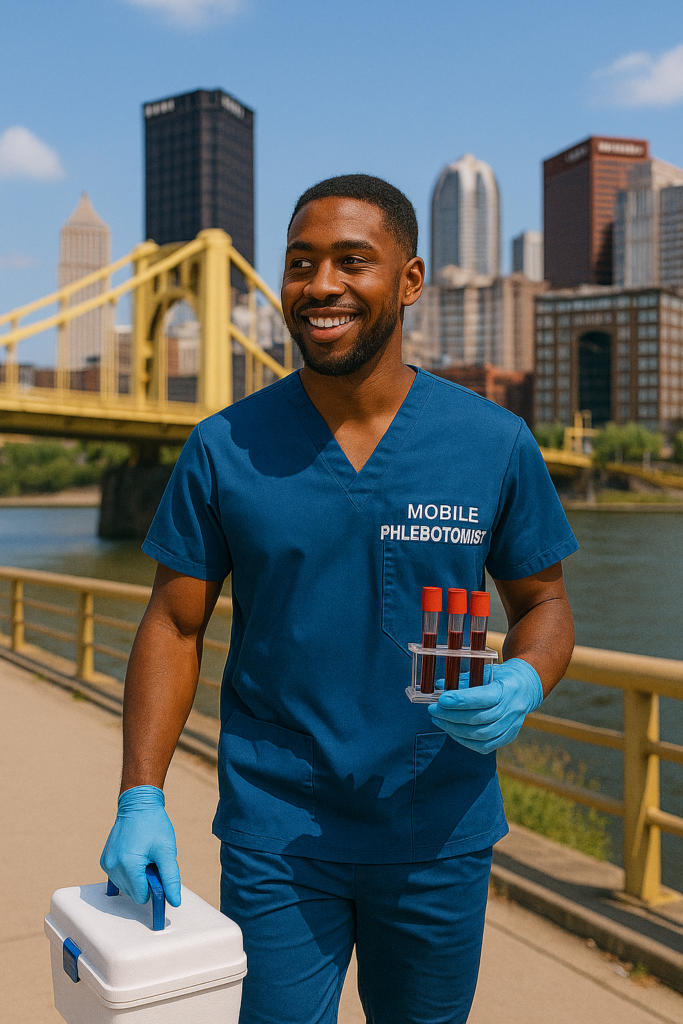 Arkansas, a phlebotomist in scrubs holding a biohazard box